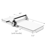 Dimensions of the countertop dough sheeter: 43" by 22" (with handle) by 7.5".